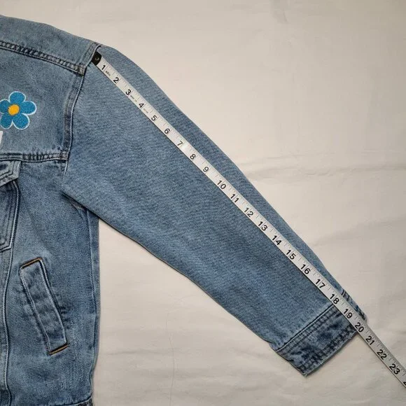 Celebrity Pink Oversized Patchwork Denim Jacket Distressed Womens Small Retro - Picture 9 of 11